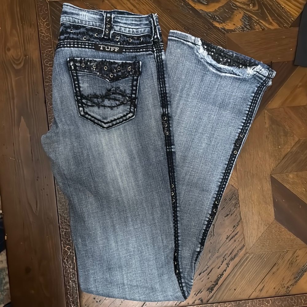 Women's Cowgirl Tuff Bootcut Jeans with  Black Sequin Accents Sz 27x37